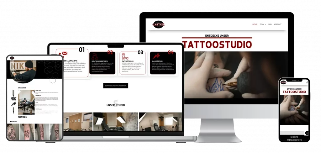 Referenz von Create-s design. Modernes Webdesign für das Unternehmen Castor Tattoo dargestellt in Tablet, Macbook, Mac und Handy - Webdesign Ulm